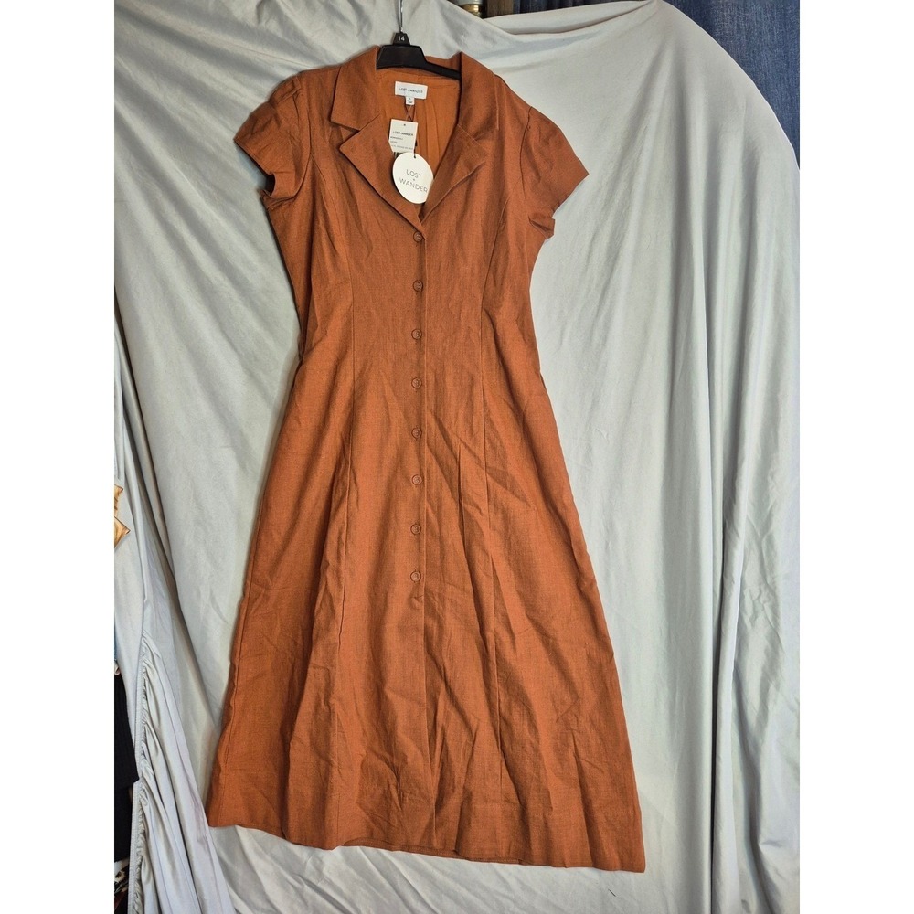 Lost + Wander Coastal Serenade Midi Dress Coffee Brown Collared Career M